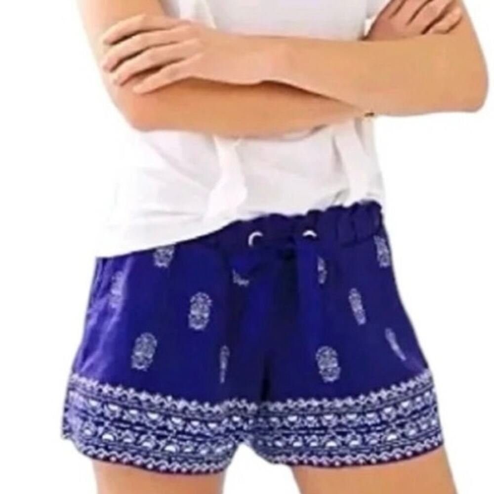 Lilly Pulitzer Arey Linen Shorts sz L Lapis Lazuli Lovely Lanterns Shorts